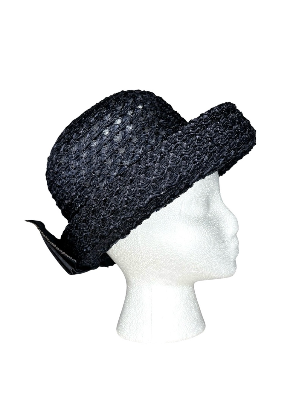 Vintage 1960s Navy Woven Cello Straw classic Breton Sun Hat with statement Bow